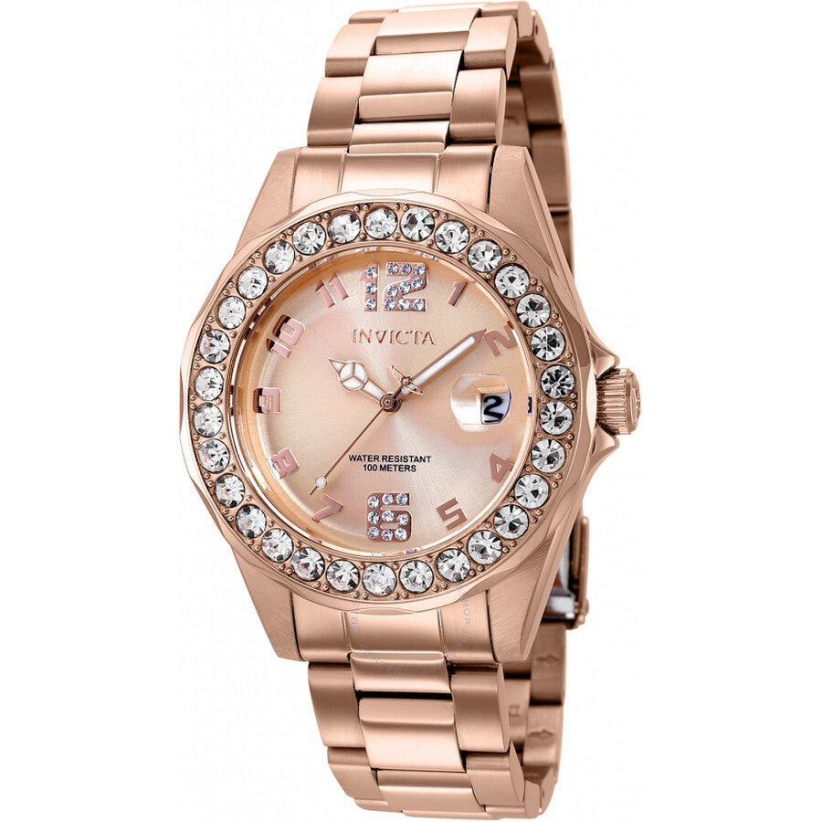 Invicta Pro Diver Quartz Crystal Rose Gold Dial Ladies Watch 37698 - The Watches Men & Co
