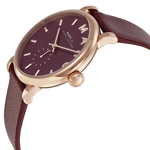 Marc By Marc Jacobs Baker watch at angle showing maroon leather strap and case