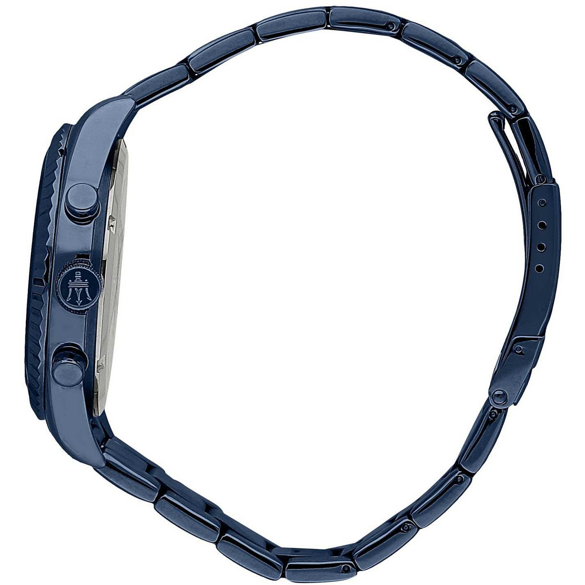 Side view of Maserati Blue Edition watch showing blue stainless steel bracelet