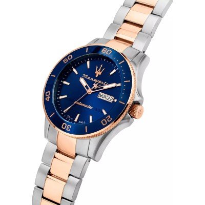 Maserati Competizione watch at angle showing blue dial and two-tone steel rose gold bracelet