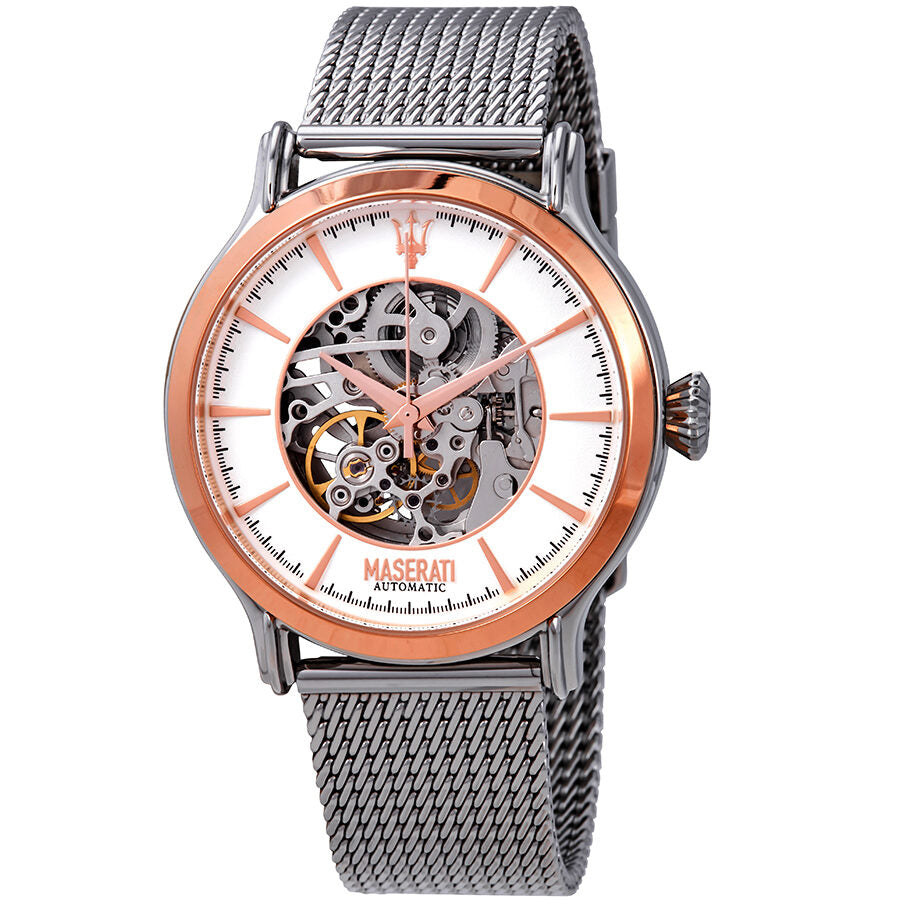 ساعة مازيراتي إيبوكا أوتوماتيكية للرجال، مينا أبيض مفتوح على شكل قلب، رقم الموديل R8823118001