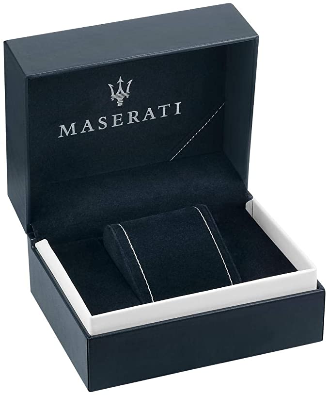 Maserati Sfida watch presentation box with Maserati logo and navy blue interior
