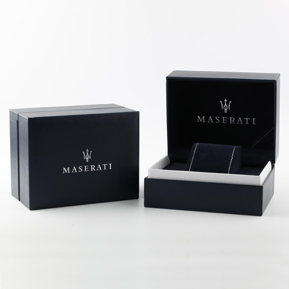 Maserati Traguardo watch presentation box and packaging with brand logo
