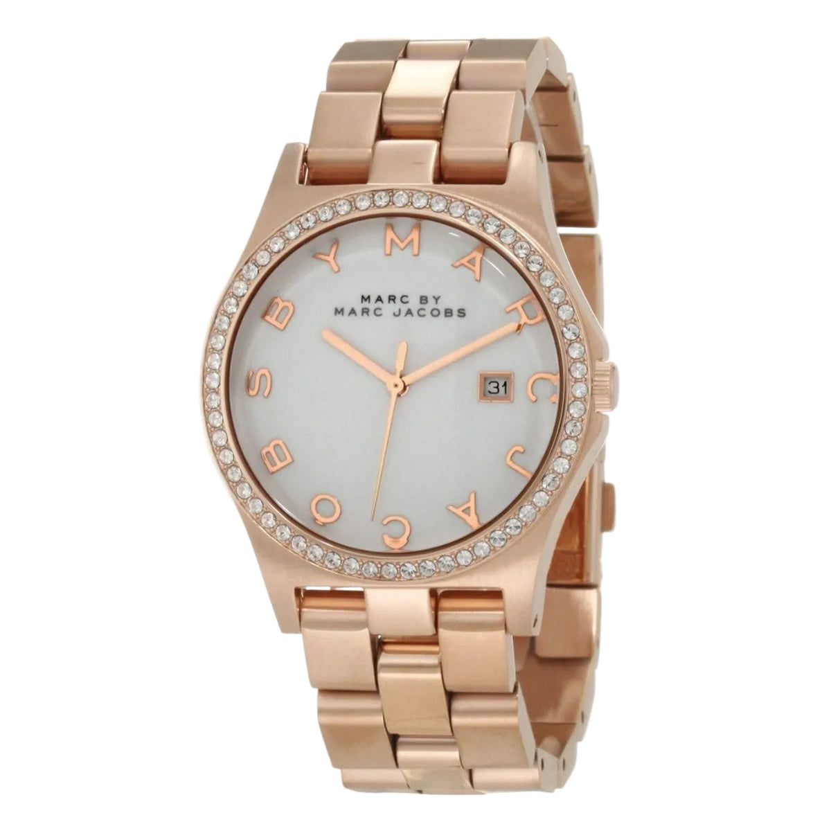 Marc by Marc Jacobs Henry gold watch with white dial, crystal markers, diamond bezel, and gold stainless steel bracelet