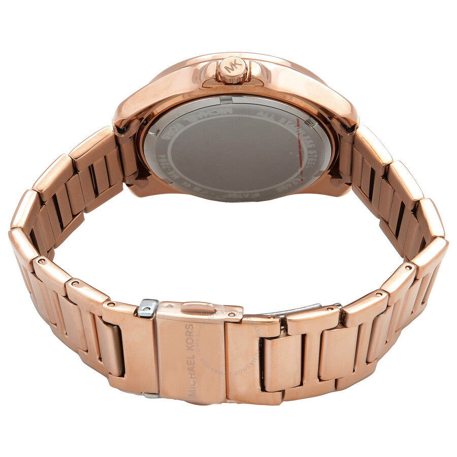 Michael Kors Alek watch caseback showing rose gold-tone stainless steel case and adjustable link bracelet