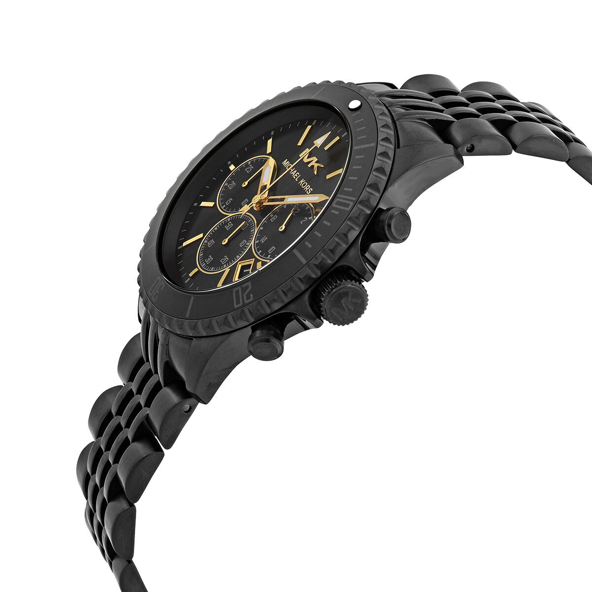 Michael Kors Bayville Chronograph angled view showing black case and metal bracelet