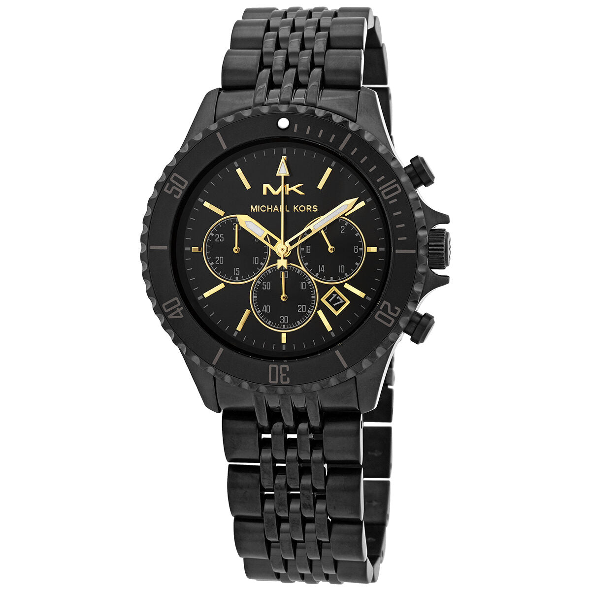 Michael Kors Bayville Chronograph black dial watch with gold accents and black band