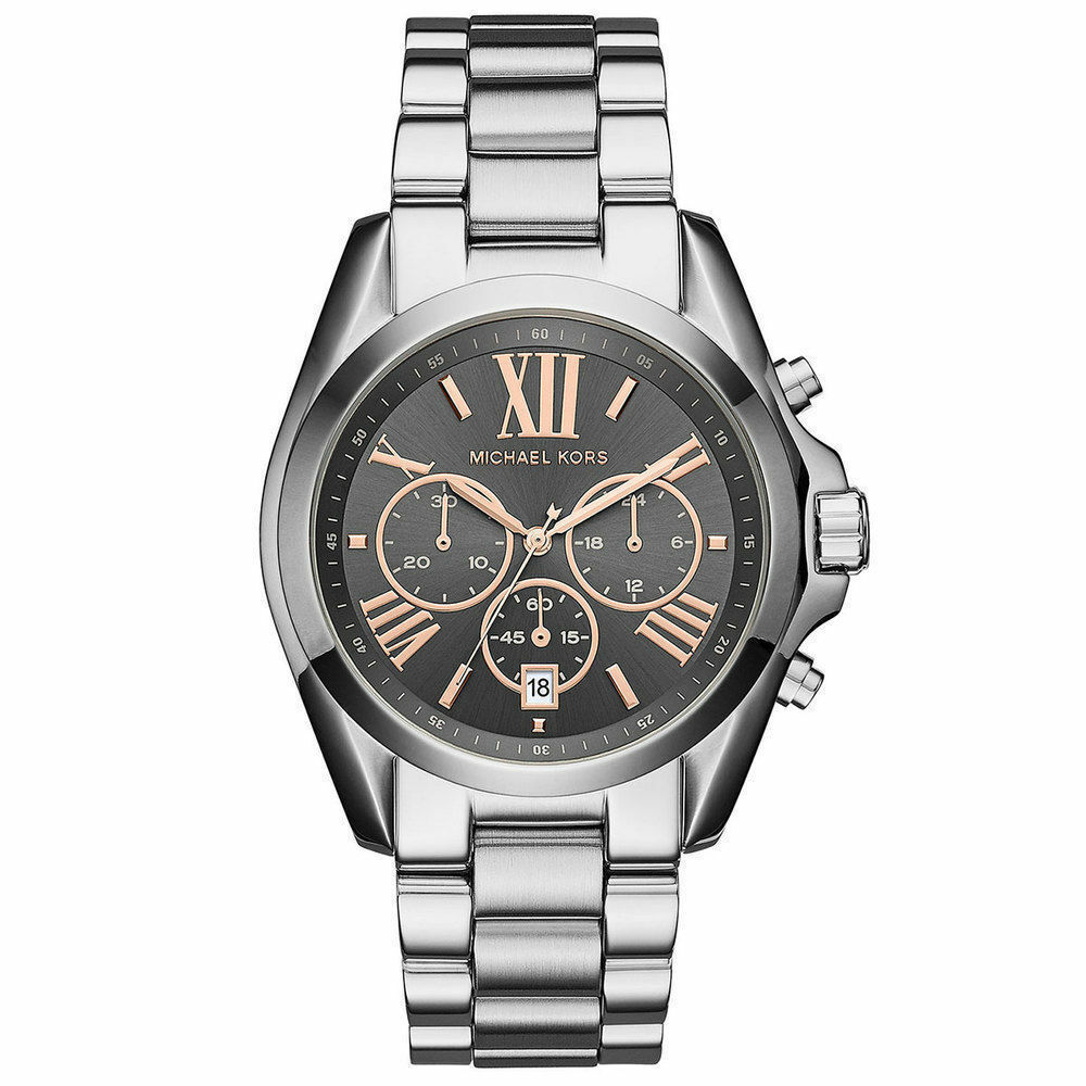 Michael Kors Bradshaw chronograph watch with grey dial, rose gold hands and Roman numerals, silver stainless steel bracelet