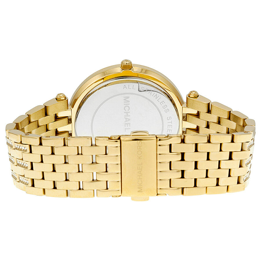 Michael Kors Darci watch caseback showing gold-tone steel case and bracelet
