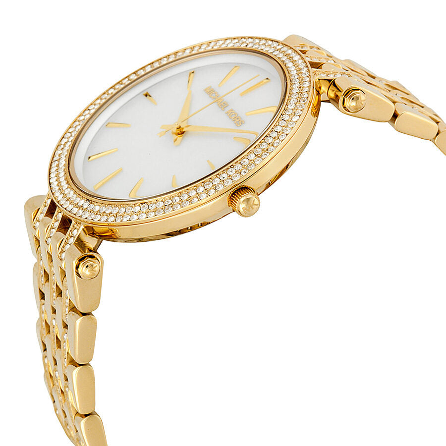 Michael Kors Darci gold watch side view showing dial and gold link bracelet