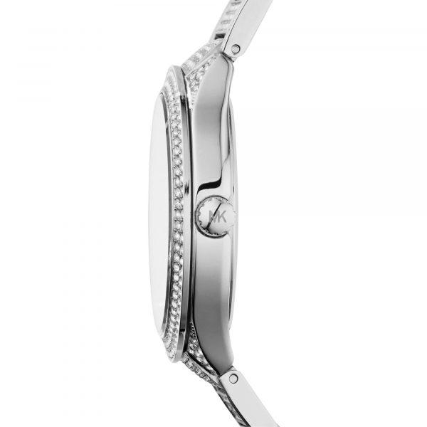 Side profile of Michael Kors Lauryn Pave watch showing case and bracelet detail