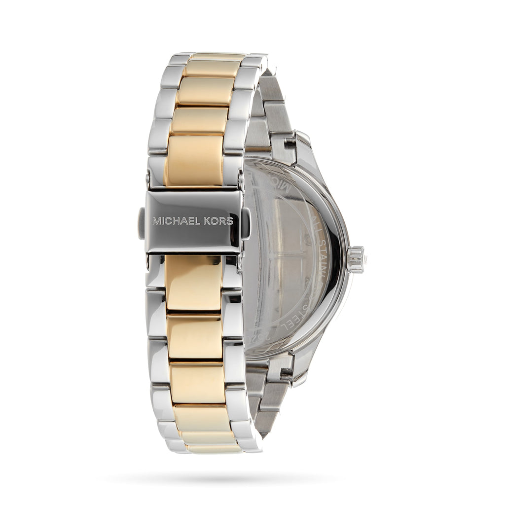 Michael Kors Layton caseback view showing two-tone steel bracelet attachment