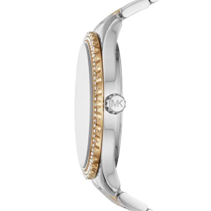 Michael Kors Layton watch side profile showing case depth and two-tone steel bracelet