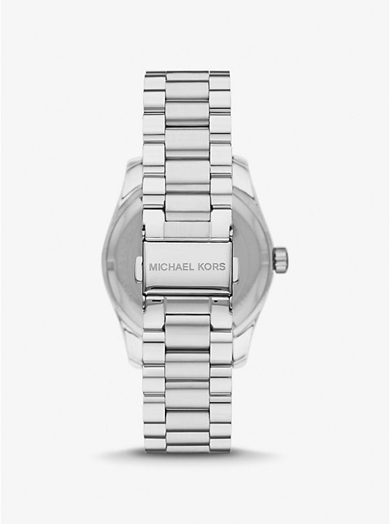 Back view of Michael Kors Lexington Crystals women's watch showing silver steel bracelet