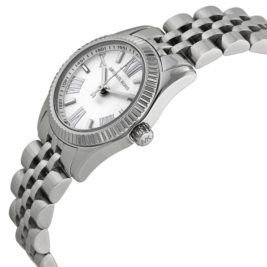 Michael Kors Lexington Mini watch angled side view showing white dial and stainless steel bracelet