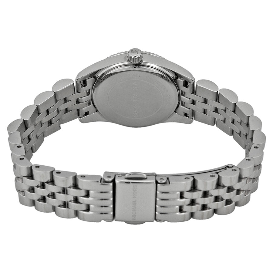 Michael Kors Lexington Mini watch caseback showing stainless steel case with metal bracelet and clasp