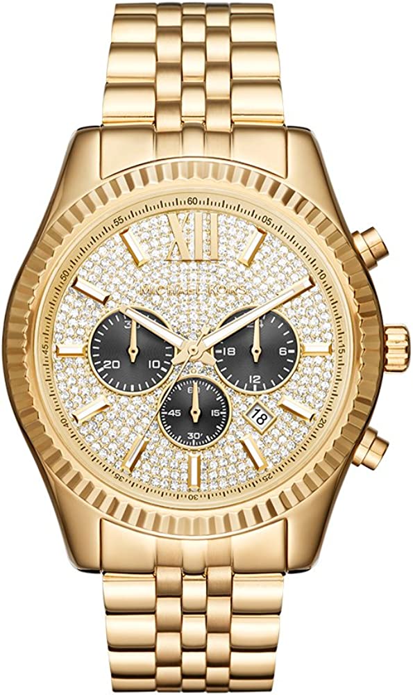Michael Kors Lexington 44MM chronograph watch front view with crystal-studded dial
