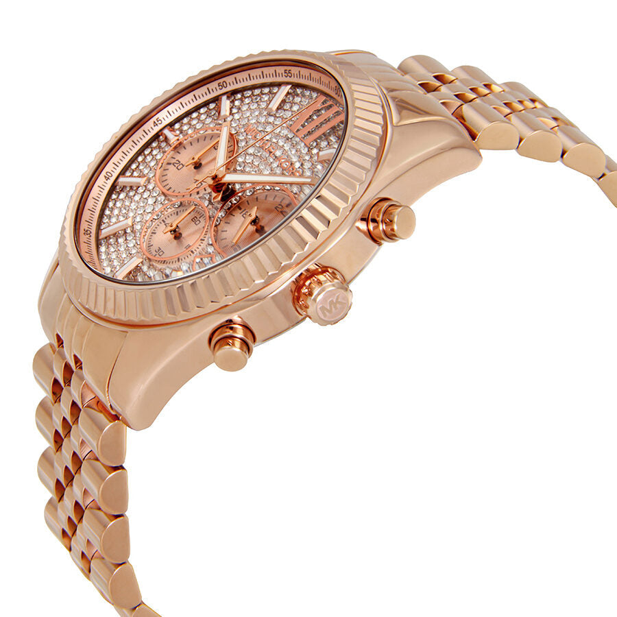 Michael Kors Lexington rose gold chronograph watch shown at angle with bracelet