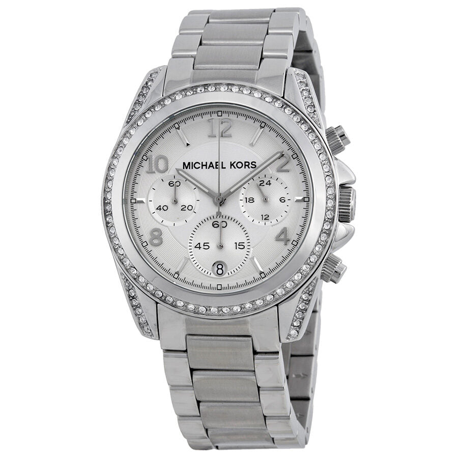 Michael Kors MK5165 silver-tone chronograph watch with white dial and crystal bezel