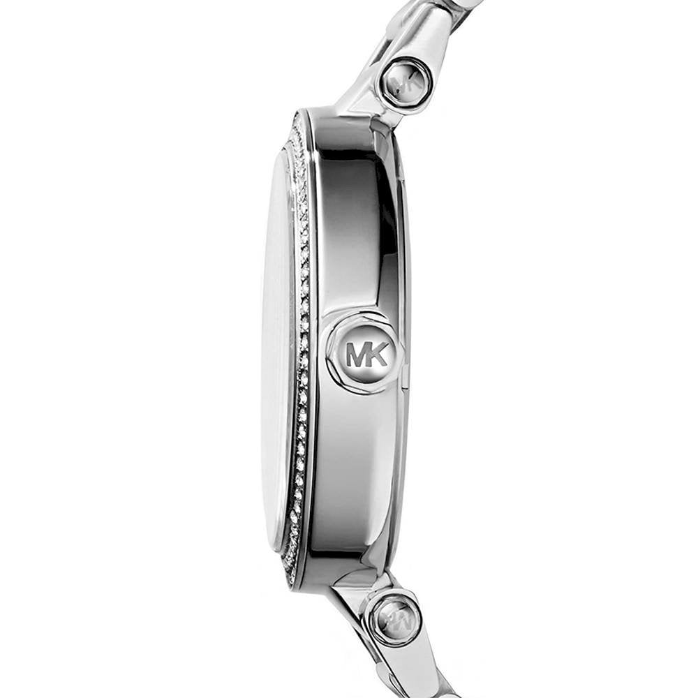 Side profile of MK5925 Parker watch showing crystal-set bezel and silver bracelet