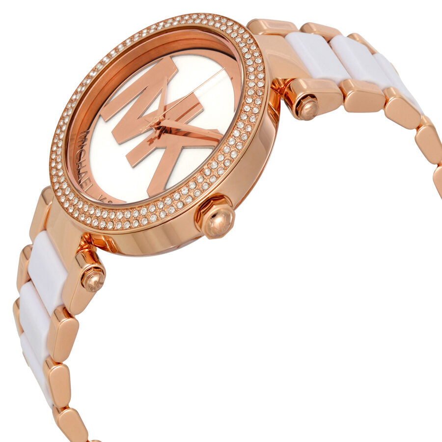 Side angle view of Michael Kors Parker watch showing rose gold case and white acetate bracelet