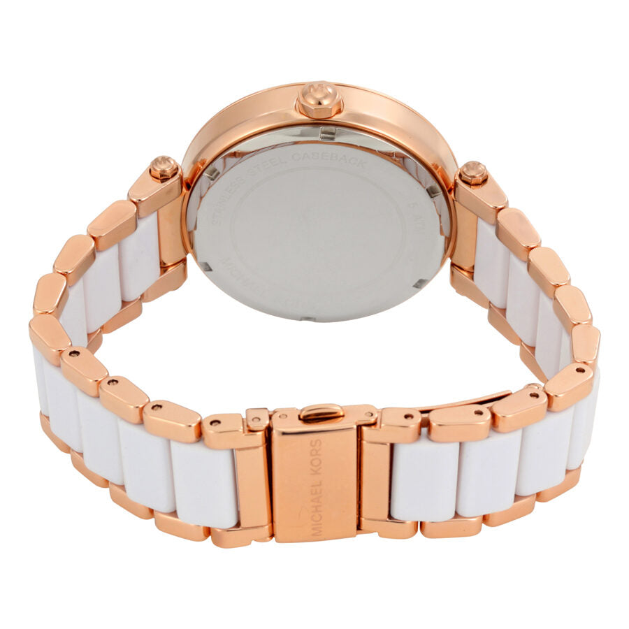 Back view of Michael Kors Parker watch displaying case back and fold-over clasp