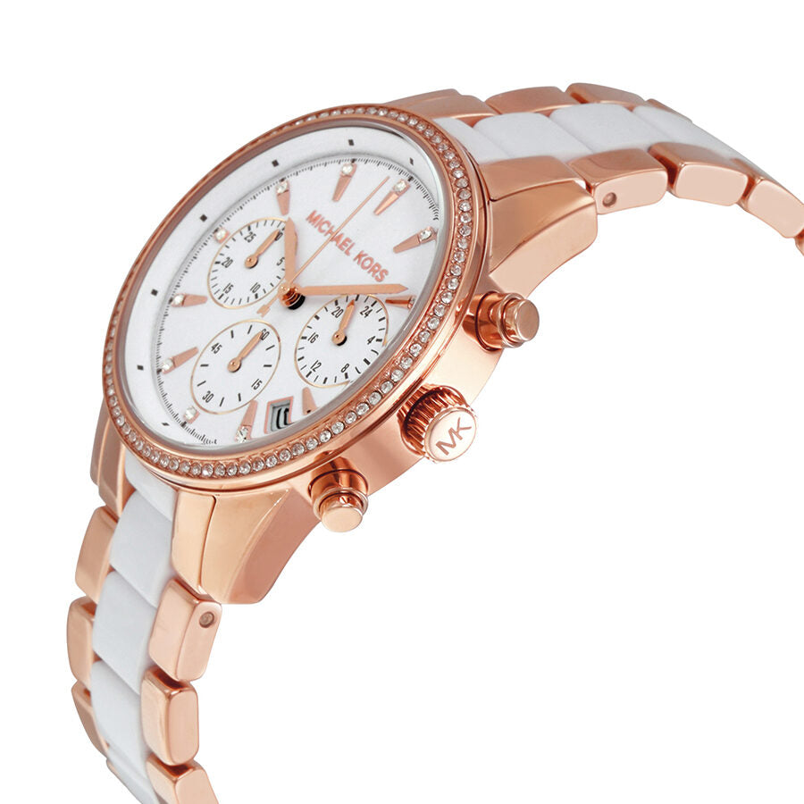 Michael Kors Ritz chronograph watch angled view showing rose gold case, white dial, and chronograph subdials
