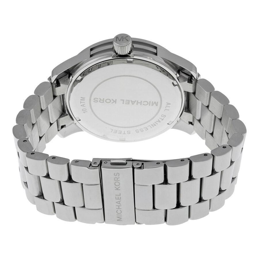 Michael Kors Runway watch caseback showing silver-tone stainless steel and Michael Kors branding
