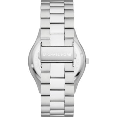 Michael Kors Slim Runway watch caseback showing silver-tone stainless steel bracelet and engraved case