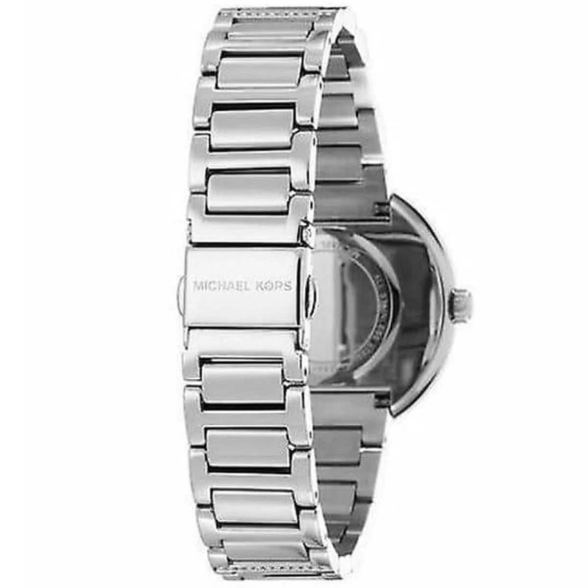 Michael Kors Courtney MK3835 caseback view with Michael Kors branding on stainless steel bracelet