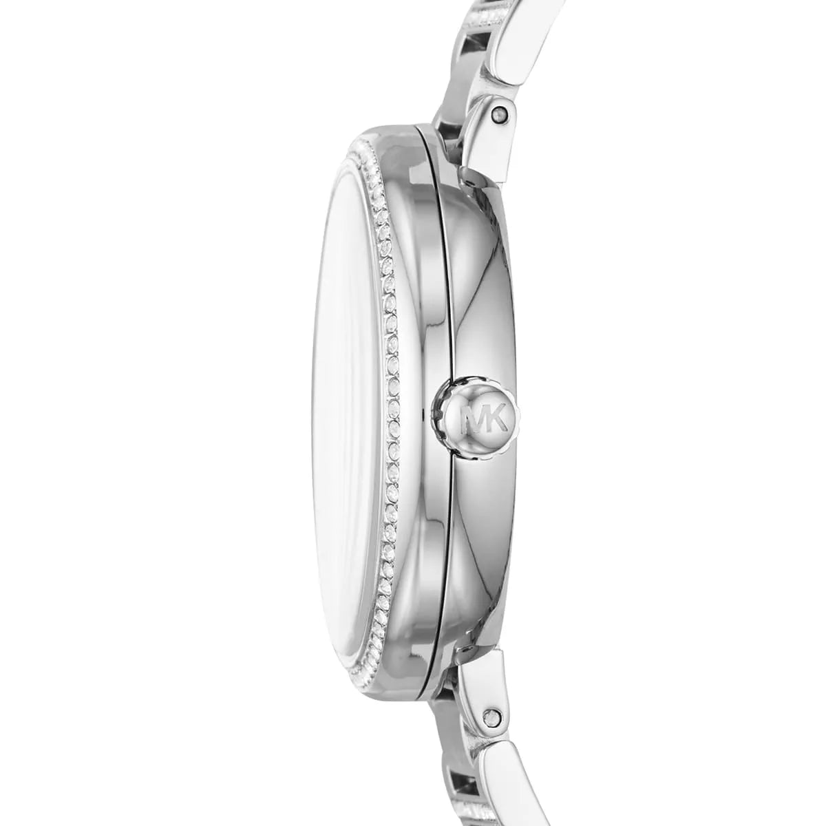 Michael Kors Courtney MK3835 side profile showing crystal-paved case and metal bracelet