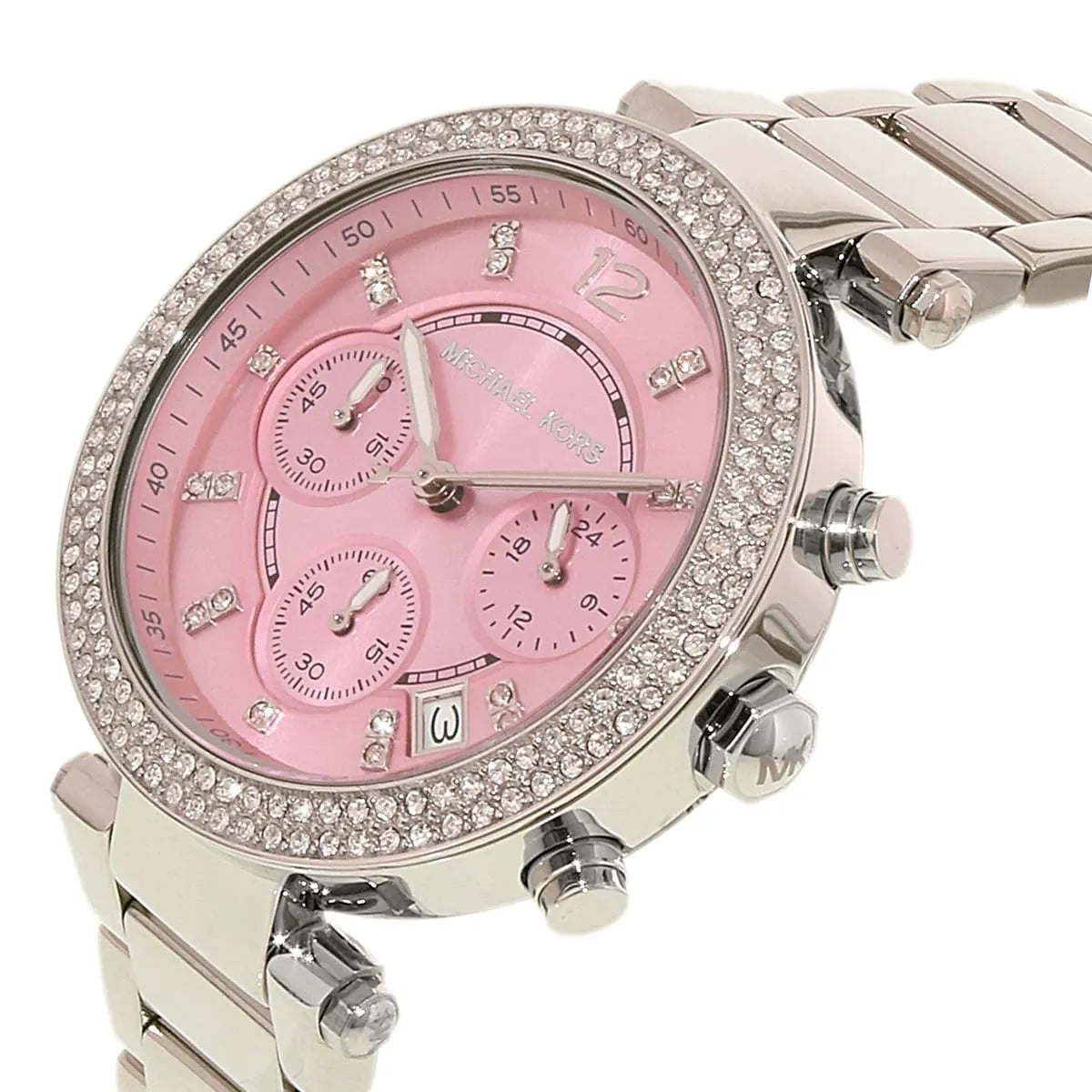 Parker watch angled view showing pink dial, chronograph subdials, and silver bracelet