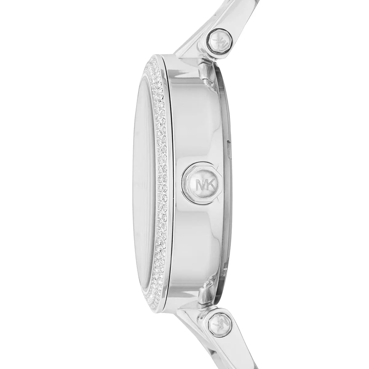 Michael Kors Parker Mini watch side profile showing crystal-set bezel and stainless steel case