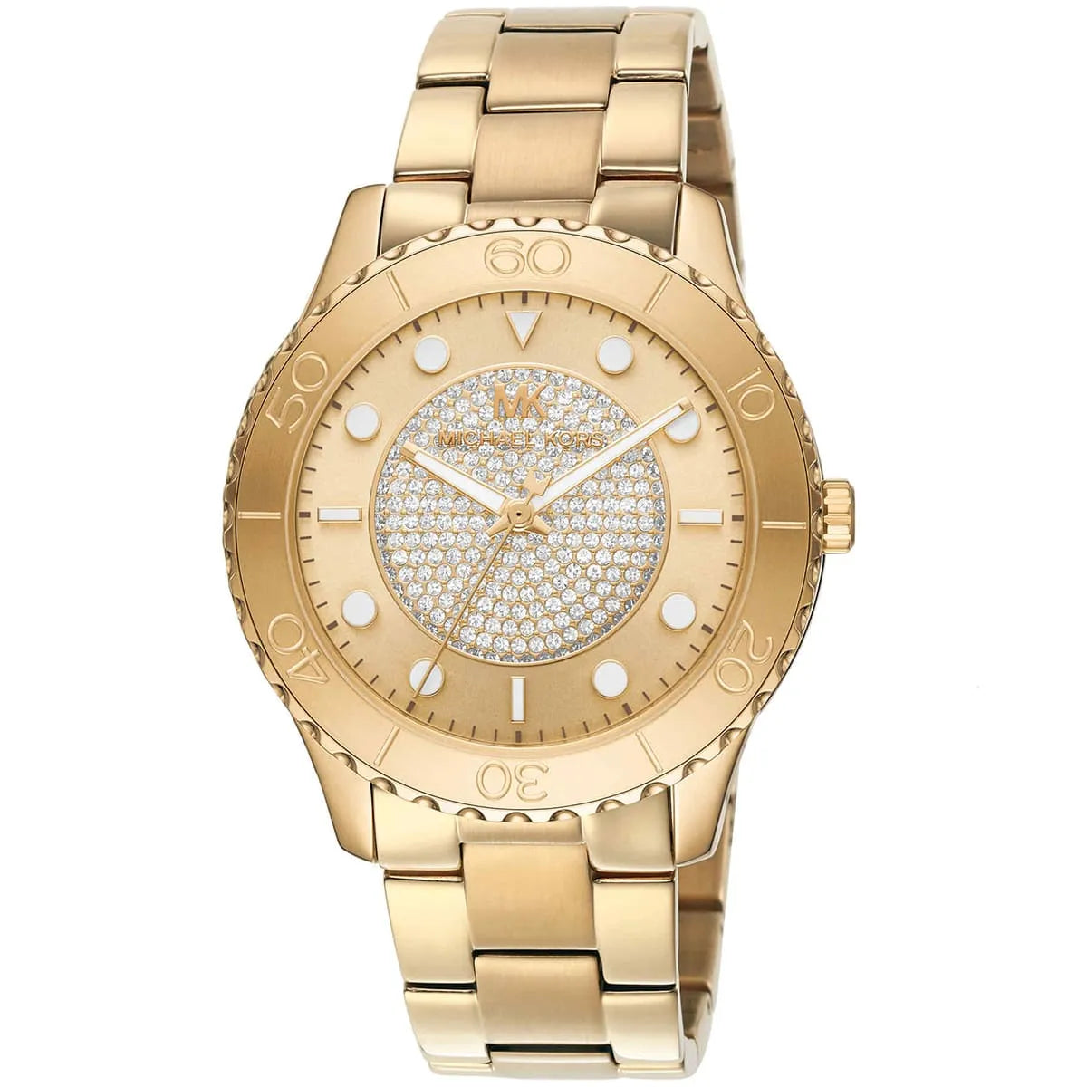 Michael Kors Runway MK6911 watch angled view showing pavé dial and gold bracelet
