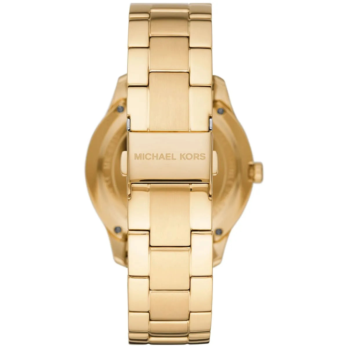 Michael Kors Runway MK6911 watch caseback showing gold stainless steel with brand engraving