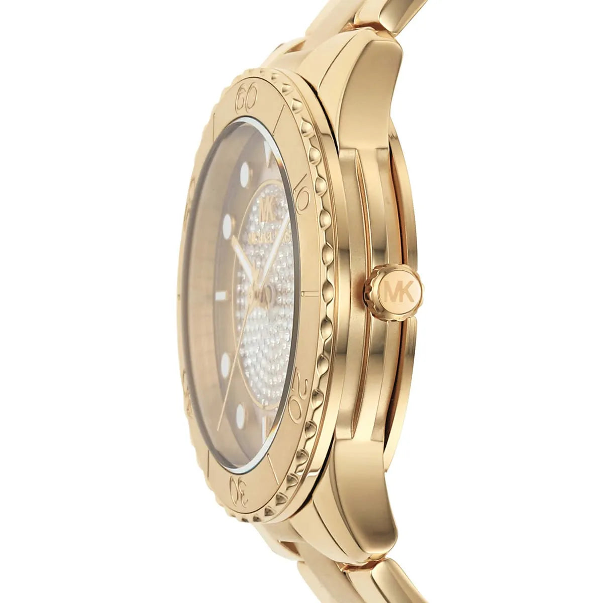 Side view of Michael Kors Runway MK6911 watch showing case profile and bezel