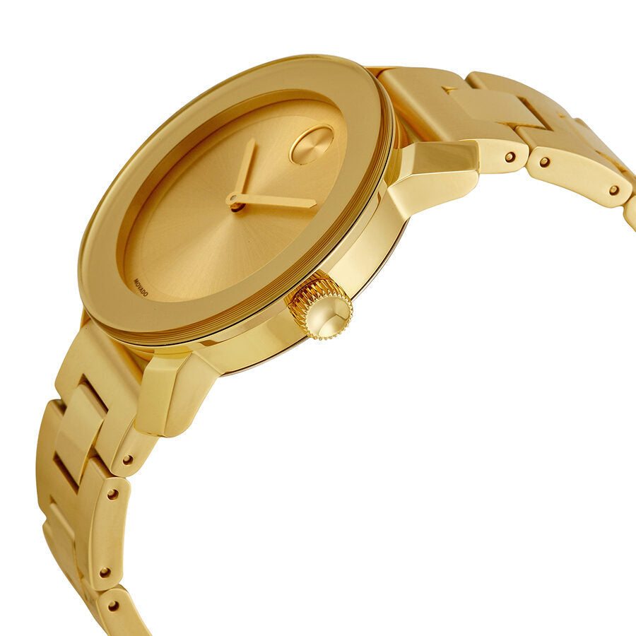 Movado Bold watch side profile showing yellow gold ion plated case and bracelet