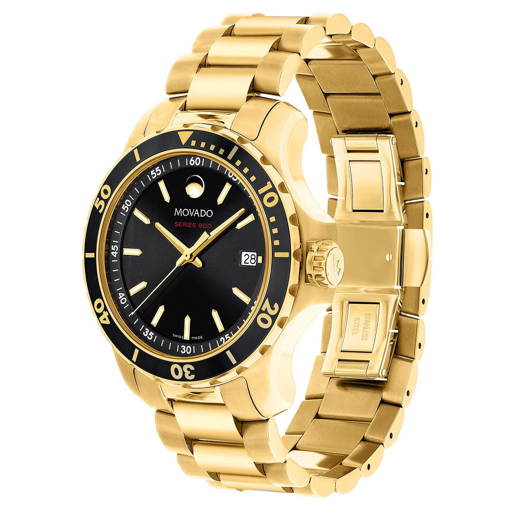 Movado Series 800 gold tone chronograph watch shown from angled side view