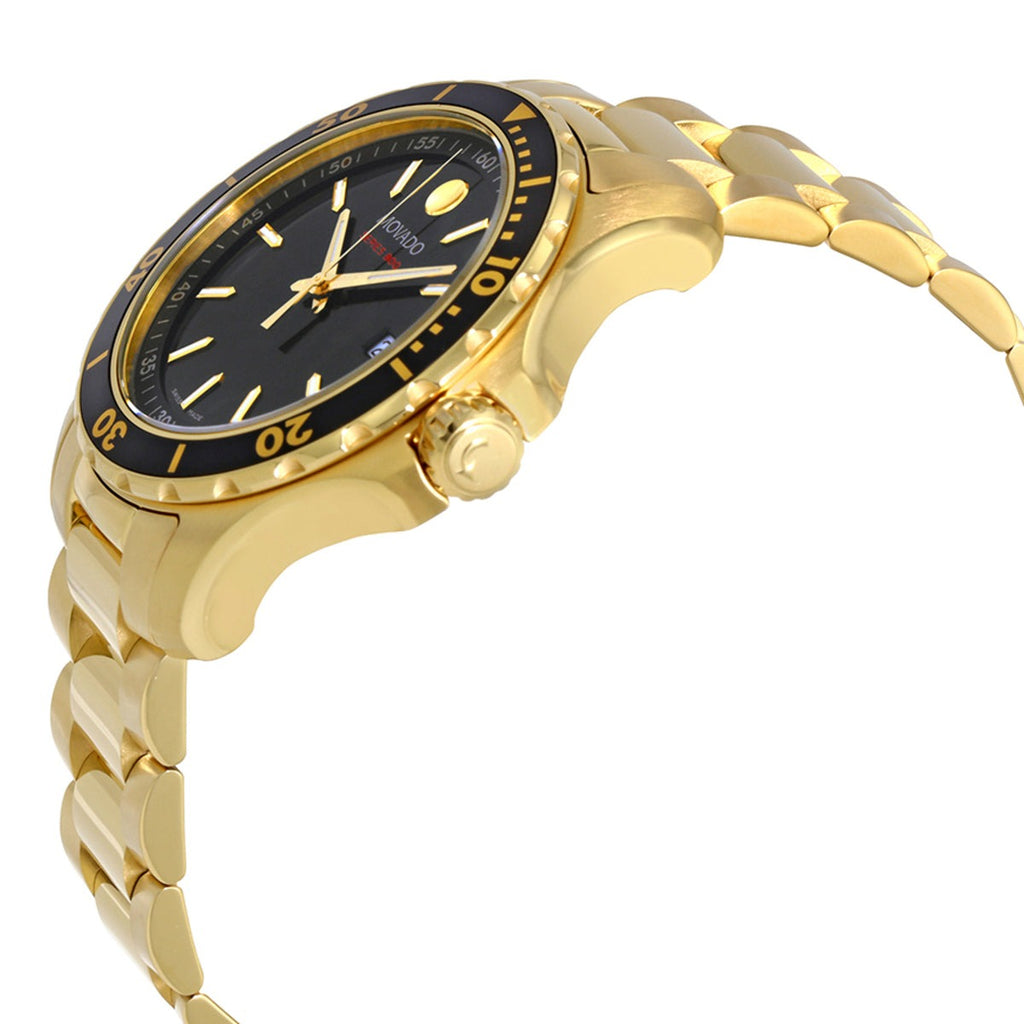 Movado Series 800 gold tone watch worn on wrist showing profile view