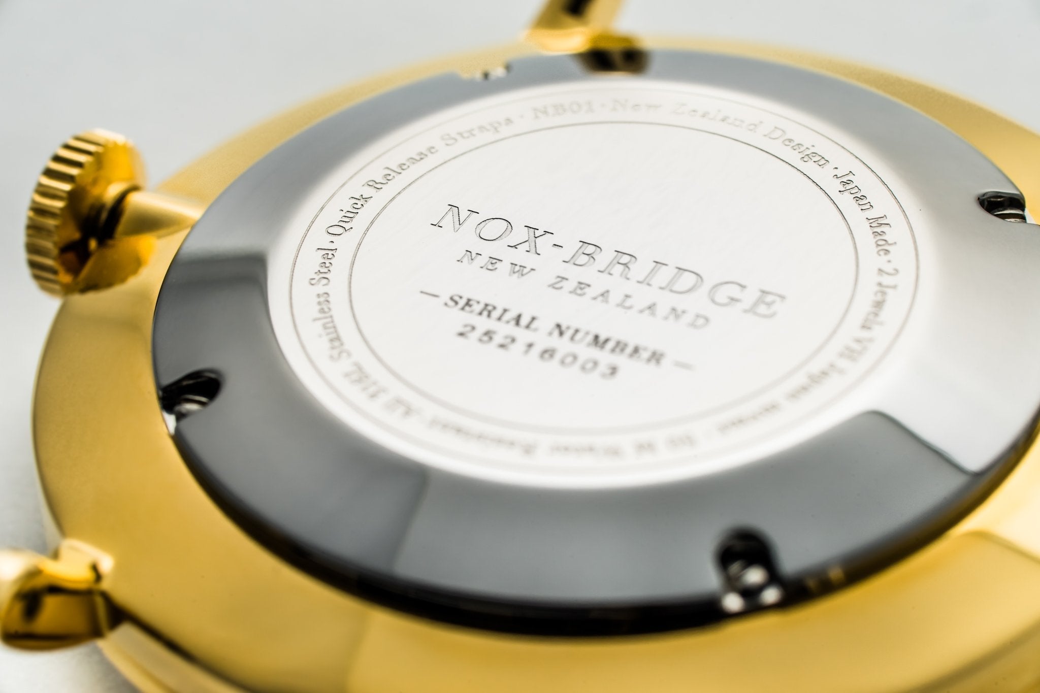 Caseback engraving of Noxbridge Classic Alcyone showing serial number and New Zealand origin