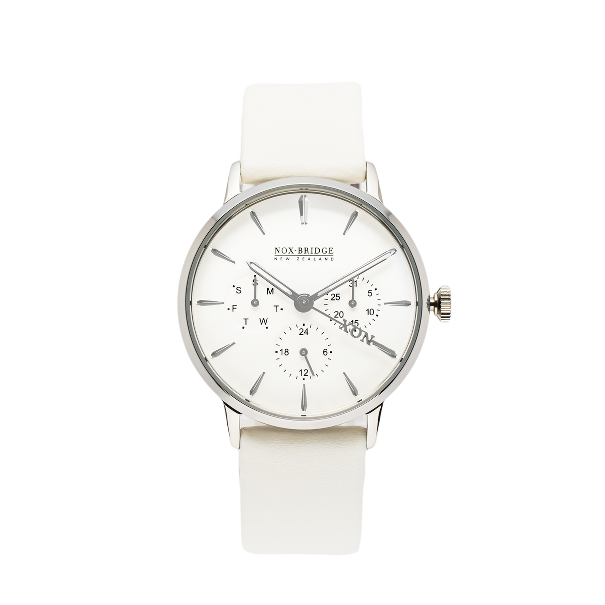 Noxbridge Classic Meissa silver 36mm watch with white dial and cream leather strap
