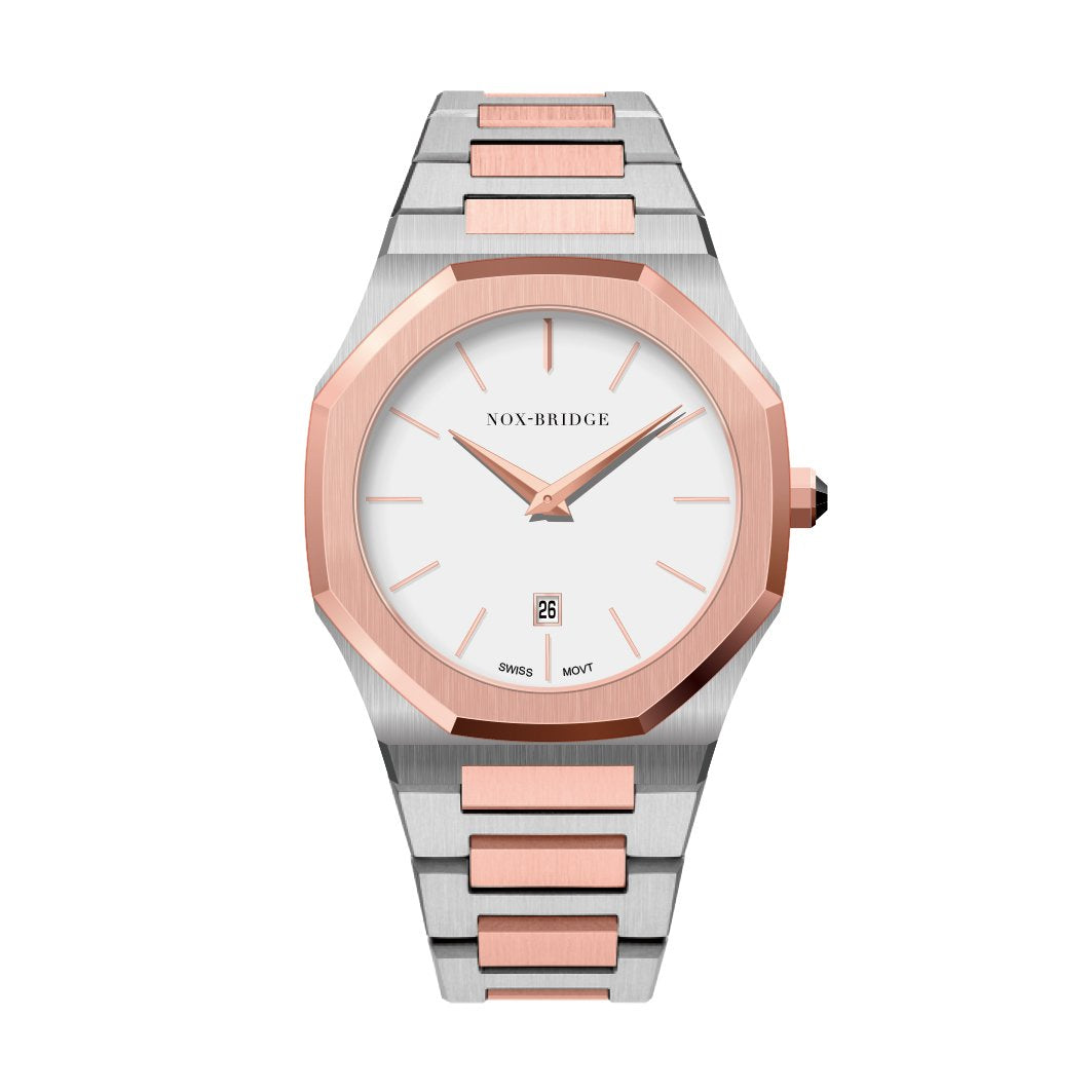 Noxbridge Revo white dial two-tone watch with rose gold and stainless steel bracelet