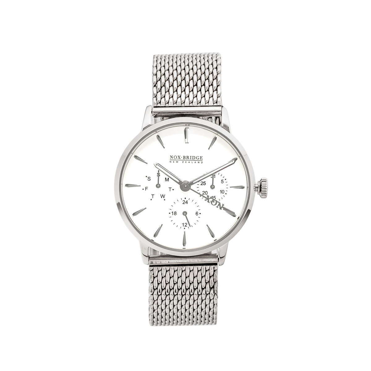 Noxbridge Supreme Pegasus silver watch with white dial and mesh bracelet