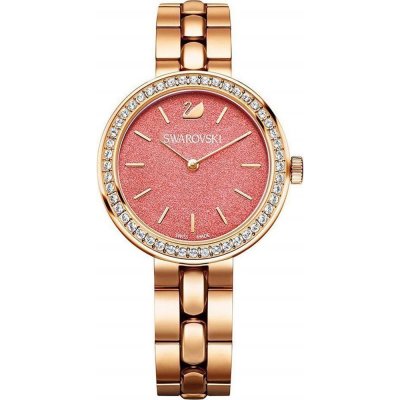 Swarovski City women's watch with coral crystal dial, rose gold steel strap, and crystal-set bezel