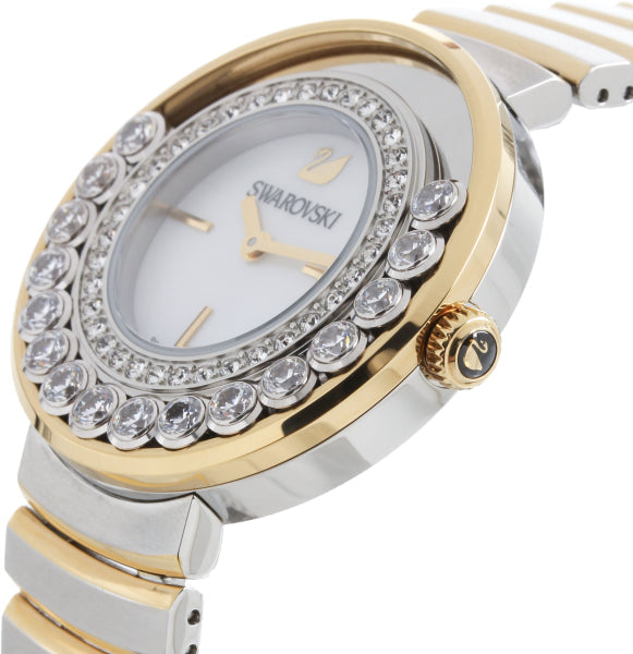 Swarovski watch angled view showing crystal-set bezel and gold-tone crown
