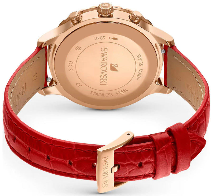 Swarovski Octea Lux Chrono Faceted Crystal Bezel Red Dial Rose Gold Tone Women's Watch 5646975