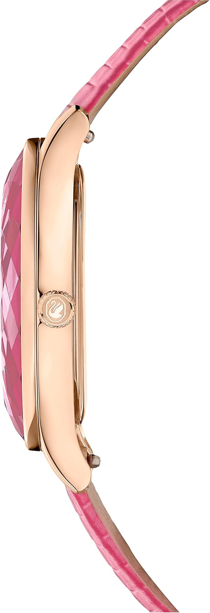 Side profile of Swarovski Octea Nova watch showing rose gold-tone case and pink leather strap