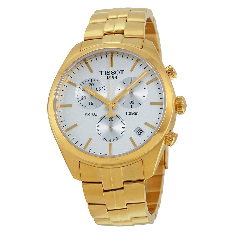 Tissot PR100 Chronograh White Dial Gold PVD Men's Watch T1014173303100 - The Watches Men & Co