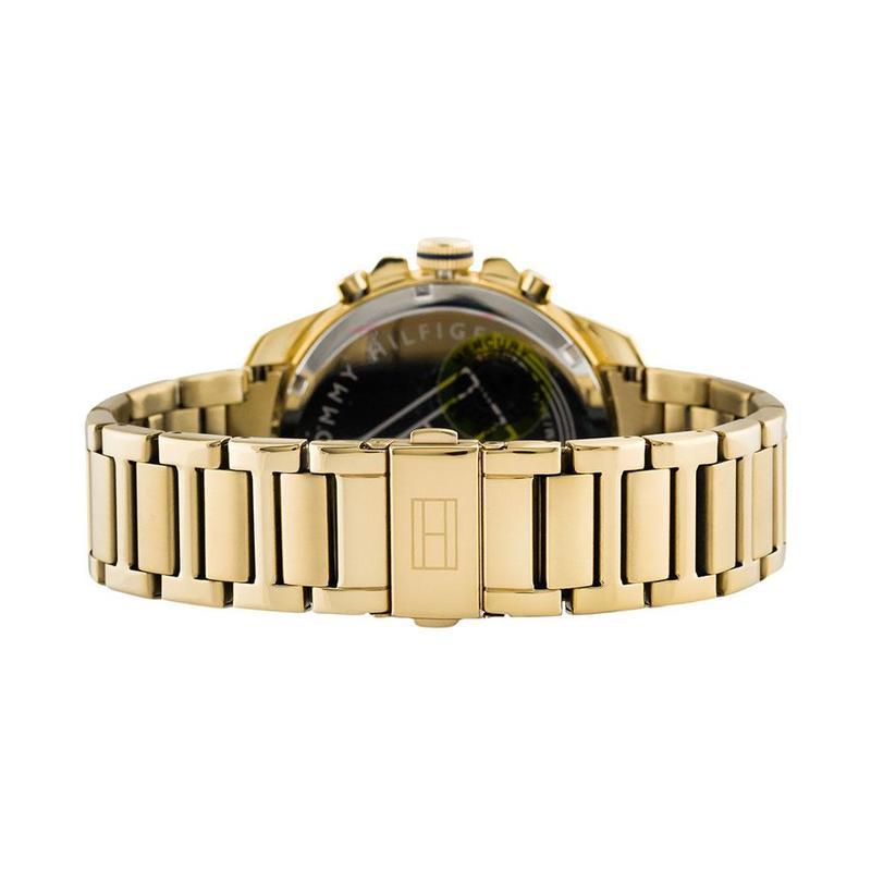 Tommy Hilfiger gold steel watch back view showing gold steel bracelet with fold-over clasp