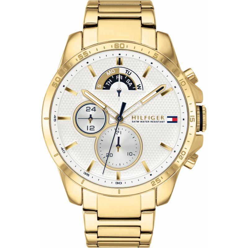 Tommy Hilfiger gold steel multi-function watch with white dial, chronograph subdials, and gold tone hands